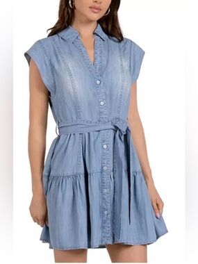 Elan Women's Chambray Denim Collared Button Front Mini Dress Size M